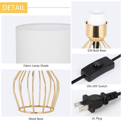 Gold Modern Farmhouse Table Lamps Set Of 2 With Hollowed Out Base And White Fabric Shade, close-up of metal base and UL plug