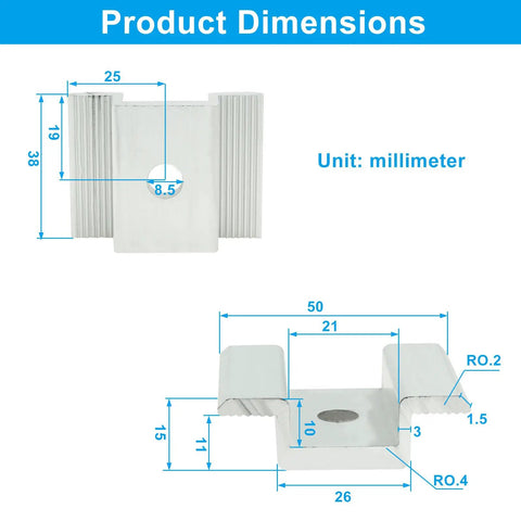 Heavy Duty Aluminum Solar Panel Mid Clamps 12 Pack For Rooftop PV Systems Adjustable Mounting Brackets dimensions detailed view