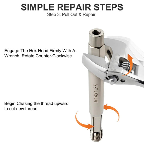 Back Tap Spark Plug Thread Repair Tool For M14x1.25 Stripped Threads shown with wrench engaging the hex head.