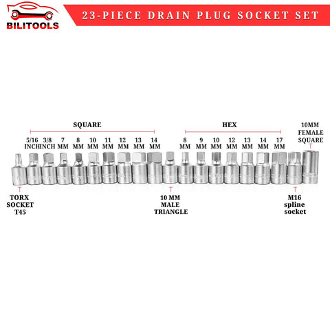 23 Piece Drain Plug Socket Set For Oil Sump And Gearbox, Three Eighth Inch Drive, hex, square, Torx, triangle bits visible