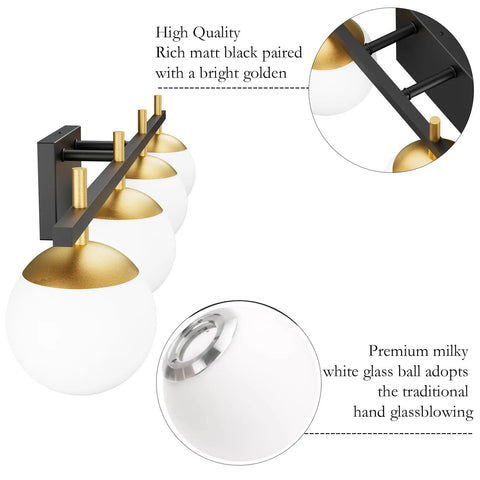 Mid Century Modern 4 Light Vanity Light Fixture For Bathroom Over Mirror Milky Glass Bath Bar In Black And Gold Finish