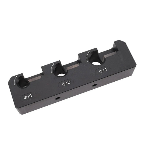 Heavy Gauge Aluminum Dowel Maker Jig Kit, Precision Tenon Cutter For Weekend Warriors and Pro Builders, showcases hole sizes 10mm, 12mm, and 14mm.