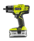 Side view of P1833 3-Speed 1/2-Inch Impact Wrench Kit With 4.0Ah Battery And 18V Charger, cordless tool, green and black design.