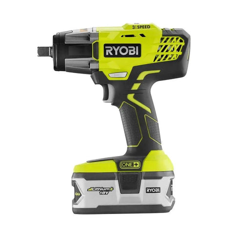 Side view of P1833 3-Speed 1/2-Inch Impact Wrench Kit With 4.0Ah Battery And 18V Charger, cordless tool, green and black design.
