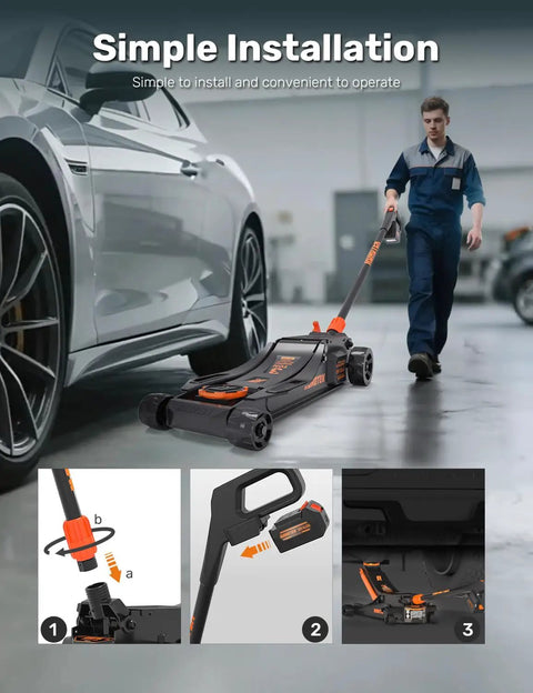 Mechanic using Electric Floor Jack 3 Ton Low Profile With One Touch Lift, 6000 Lbs Capacity, Hydraulic Service Jack For Home Garage