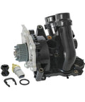 Complete Top Notch Thermostat And Water Pump Housing Assembly Compatible With Audi A3 A4 A5 A6 Q3 Q5 TT Allroad Passat Jetta Golf GTI CC Beetle OEM Replacement High Quality Ready To Install showcasing parts and connections.