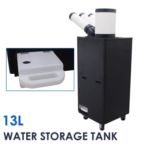 Commercial Grade Heavy Duty 220V Portable Air Conditioner Industrial Spot Cooler With Roomy 13 Liter Drain Tank and Smooth Roll Away Wheels for No Sweat Workshop Cooling, close-up of 13L water storage tank.