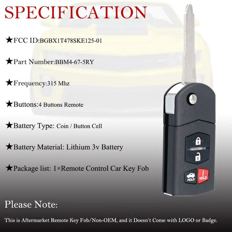 Key Fob Remote Replacement For Mazda MX 5 Miata Mazda 3 And Mazda 6 2006-2015, 4-button remote with key blade