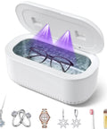 Heavy Duty Ultrasonic Jewelry Cleaner With 30W Output And 48KHz Waves To Crush Embedded Grime, Dual UV Sanitizers, with eyeglasses inside.