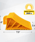 Side view of Two Pair Wheel Chocks With Rope And Easy Carry Handle For Travel Trailers Cars Campers Trucks And RVs Non Slip Bright Yellow Lightweight Wheel Chocks for safe parking, showing dimensions and 2500 lbs weight capacity.