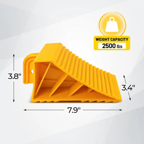 Side view of Two Pair Wheel Chocks With Rope And Easy Carry Handle For Travel Trailers Cars Campers Trucks And RVs Non Slip Bright Yellow Lightweight Wheel Chocks for safe parking, showing dimensions and 2500 lbs weight capacity.