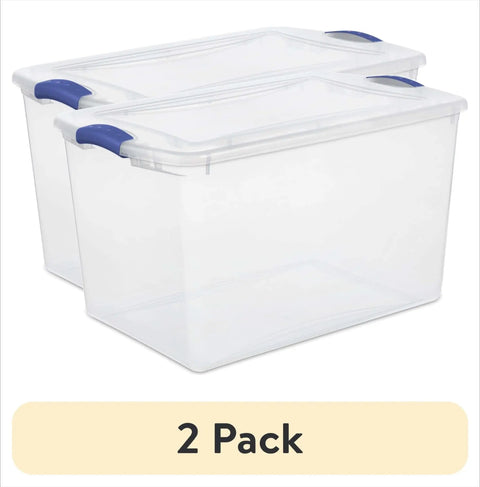 Heavy Duty SixtySix Quart Clear Plastic Storage Bins Two Pack With Blue Latch Lids, stackable design for easy organizing.