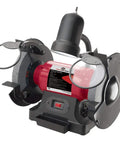 Powerful Eight Inch Bench Grinder Boots Kickin Three Quarter Horsepower Motor For Swift Metal Cutting And Quick Blade Sharpening Projects Feature with on-board lamp and steel table.