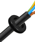 4 Pack Black Rubber Wire Grommet Kit With Dual Sided Buckle Design For Easy Cable Management, Pro Grade Durable Grommets For Wire Protection, Flexible Fit For Automotive, Home, And Office Use. Black rubber wire grommet with cables through panel opening.