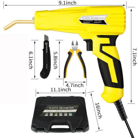 Upgraded 100W Hot Stapler Gun Plastic Welder Kit with plier, cutter, case, dimensions highlighted for car bumper repair projects.
