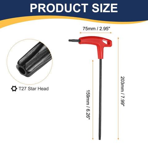Dual End T27 Torx Key Wrench T Handle Set Pro Grade Built Tough Heavy Duty Carbon Steel with red T-handle and size details