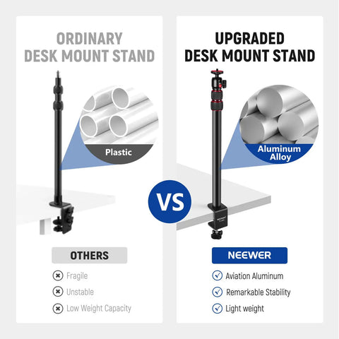Comparison of ordinary plastic desk mount stand and upgraded aluminum alloy Extendable Camera Desk Mount With Ball Head 17 To 40 Inch Telescopic Table Light Stand One Quarter Inch Screw C Clamp For DSLR Ring Light Live Streaming And Vlogging Max Load 6.6 Pounds For Creators And Streamers