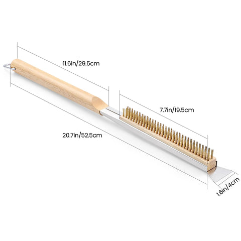 21 Inch Pizza Brush With Brass Bristles And Stone Scraper Wood Handle With Hanging Ring For Outdoor Pizza Oven Cleaning Grime Busting Safe On Stone Surfaces Compatible With Ooni Gozney Blackstone And Solo Stove Ovens