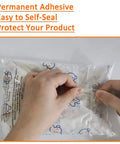 Hands sealing a 400 Count Combo Pack Self Seal Clear Poly Bags With Suffocation Warning, 9x12 inch, permanent adhesive, strong bond.