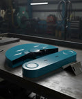 Blue Pro Grade Heavy Duty Shielded Grinding Wheel Guard Kit on workbench, includes bracket and belt guard for steel cutting machines.