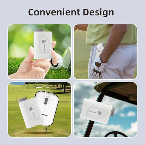 Golf Range Finder With Magnetic Mount Slope Compensation Flag Lock Vibration Measures In Yards Feet And Meters 1000 Yard Range USB C Rechargeable Battery And Top Notch Optics showing convenient design and variety of uses on the golf course.