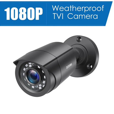 Four Pack 2MP 1080p HD TVI Outdoor Indoor Security Cameras With 24 LEDs, 80ft Night Vision, 90 Degree View, Weatherproof IP66 Bullet CCTV Cameras In Black