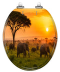 Round Sunset Toilet Seat featuring elephants at sunset, durable resin material, soft-close design.