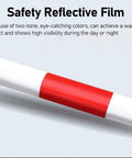 Safety reflective film on a white and red bar, enhancing visibility day and night for Ten Piece Blue Retractable Traffic Cone Connector Bars Rock Solid PVC Bar Links Zero Nonsense Setup For Parking Lots Construction Zones And Crowd Control Dividers.