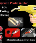 Heavy Duty 220W Plastic Welder Kit 2 In 1 with 1000 Hot Staples and 100 Welding Rods, yellow welder shown in use.