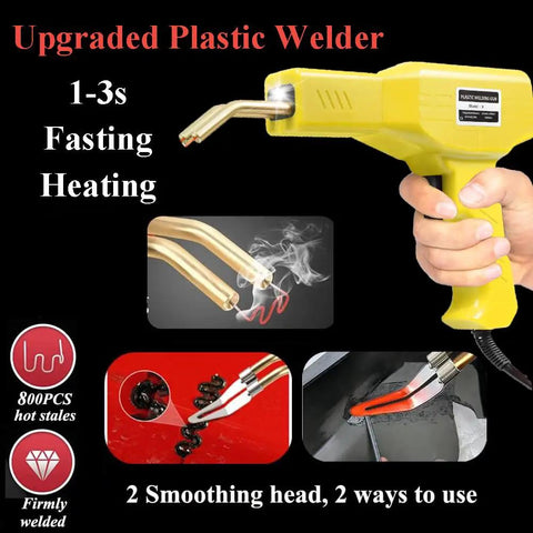 Heavy Duty 220W Plastic Welder Kit 2 In 1 with 1000 Hot Staples and 100 Welding Rods, yellow welder shown in use.