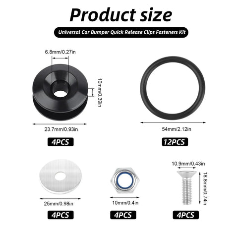 Universal Bumper Quick Release Clip Kit With Four Black Tabs And Twelve O Ring Fasteners For Front And Rear Bumpers