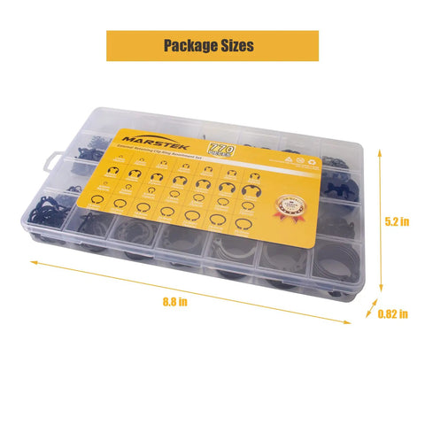 Durable C Clips And E Clips Snap Ring Assortment Kit in Black Carbon Steel with 28 Sizes in plastic case, 770 pieces