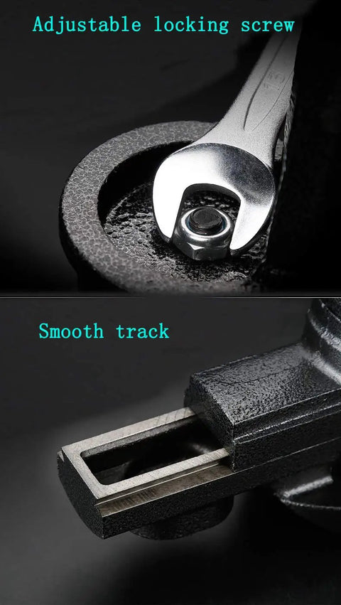 Close-up of adjustable locking screw and smooth track on Beefy Clamp On Vise For Home Workshop With 3.0 Inch Jaw Opening.