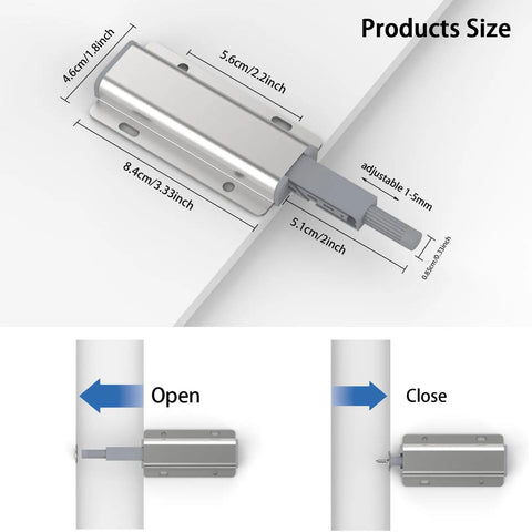 Push To Open Cabinet Latch Set 12 Pack Magnetic Touch Latches for hidden doors with size dimensions and mechanism illustration.