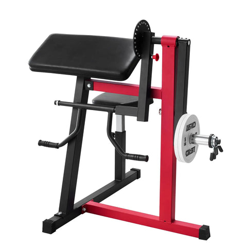 2 In 1 Bicep Curl And Triceps Extension Machine With Seated Arm Isolated Station, red and black, home gym strength training bench.