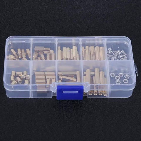 Heavy Duty Brass M3 Fastener Assortment Kit With Hex Socket Standoff Studs Flanged Bolts And Gasket Nuts in a clear storage box.