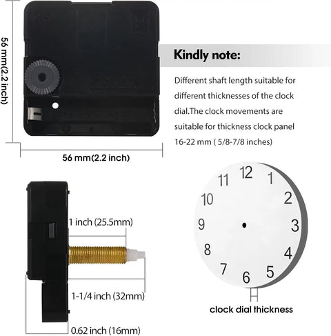 No Fuss Long Shaft Silent Clock Movement With Gold Hands for DIY wall clock builds 56 mm size, ideal for thick panels.