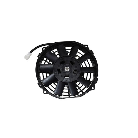 Universal 8 Inch Radiator Cooling Fan With Reversible Blades And A Hella Strong 1700 Cfm Airflow, top view with black blades and motor.