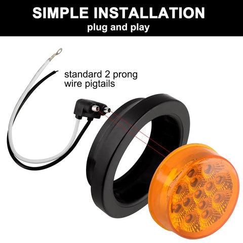 2.5 Inch Round Amber LED Marker Lights With Reflectors, 13 LEDs, Sealed Flush Mount Grommets, 2 Prong Wire Pigtails kit parts