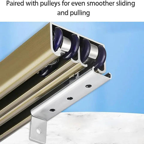 Heavy Duty Sliding Door Track Kit With Aluminum Alloy Double Track Rails And Roller Set For Wardrobe Barn And Garage Doors Smooth Operation Built To Last Easy Install And Supports Up To 120kg shown in close-up view with pulleys.