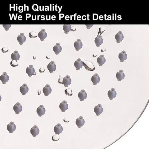 Close-up of 12 Inch Rainfall Shower Head With 11 Inch Brass Adjustable Arm High Pressure Stainless Steel Chrome Finish Ultra Thin Design