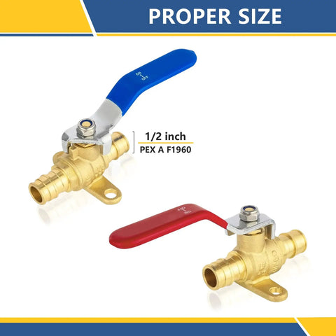 100 Pack Half Inch PEX A Expansion Ball Valve With Drop Ear Full Port Shut Off Built Tough Brass Plumbing Fixture For Red Hot And Blue Cold Water Lines Quick Connect Trade Setup, showcasing blue and red handles.