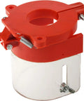 Heavy Duty Spring Loaded Chuck Guard Compatible With 8 Inch Benchtop Oscillating Drill Press showing red plastic cover with clear shield.