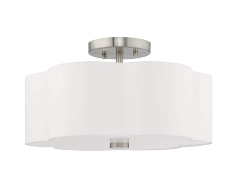 Three Light Brushed Nickel Ceiling Mount Fixture With Clover Shaped Off White Shade Modern Yet Classic Look For Kitchen Island Hallways Or Dining Room Bulbs Not Included