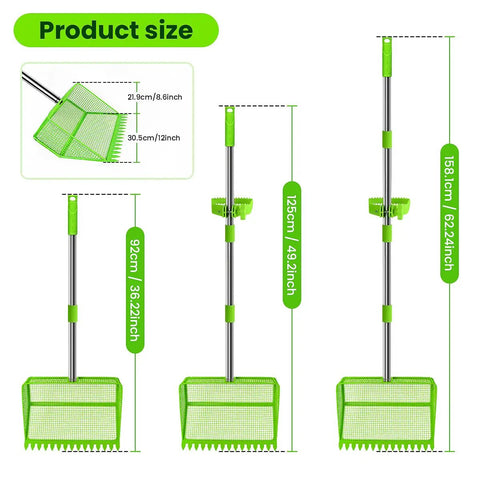 2 In 1 Chicken Poop Scooper And Rake With Handle 12 Inch Heavy Duty Metal Coop Cleaner showing product size and dimensions.