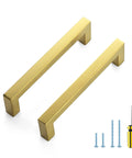 Gold cabinet handles, screws, and screwdriver from 30 Pack 5 Inch Stainless Steel Cabinet Handles Square Cabinet Pulls Brushed Brass Hardware.