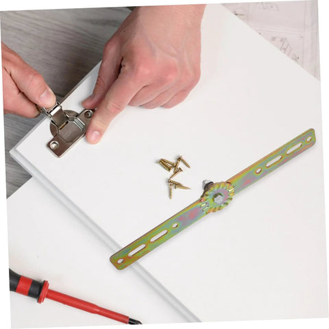 Close-up of QUMIIRITY adjustable angle furniture hinge with rainbow-finish mounting bar, gear wheel, and screws