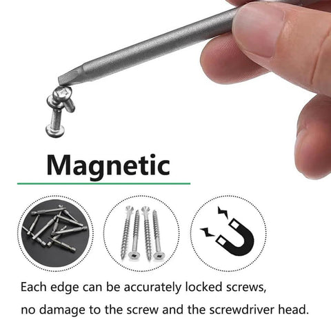 Close-up of hand holding Nine Piece Square Head Screwdriver Bits Set With Quarter Inch Hex Shank Magnetic S2 Steel for Electric Drill.