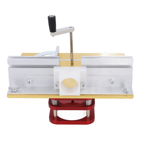 Built Tough Manual Router Lift Kit Featuring Precision Aluminum Base And Four Jaw Clamp Setup for precise height adjustments.