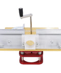Heavy Duty Manual Router Lift System With Dead Nuts Accurate Metal Table Insert Slick Crank Depth Control Fits 64 To 66 Mm Motor Mounts For Woodworking Shops on a gold and silver metal plate with a red base.
